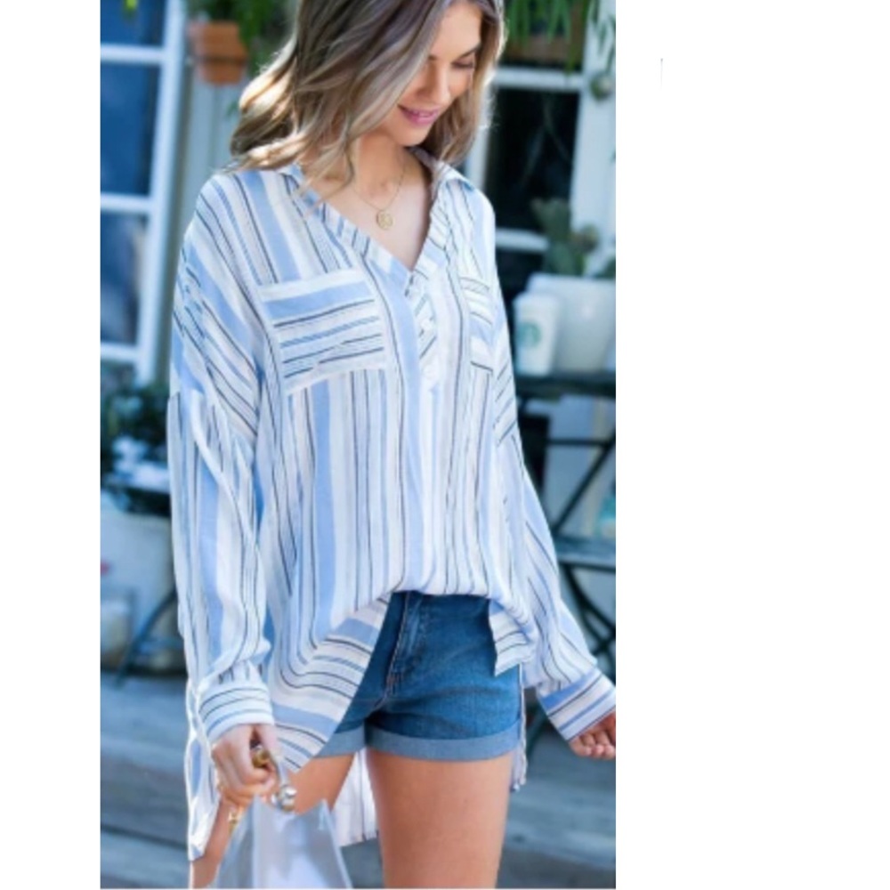 NWT Blue Striped Oversized Button Down Blouse, size small, summer casual beach